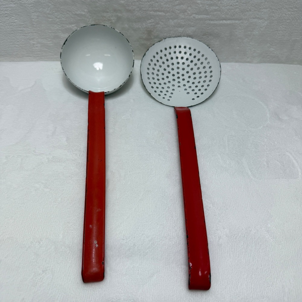 VTG Red White Enamel Skimmer Spoon Long Hooked Handle Perforated Straining Ladle